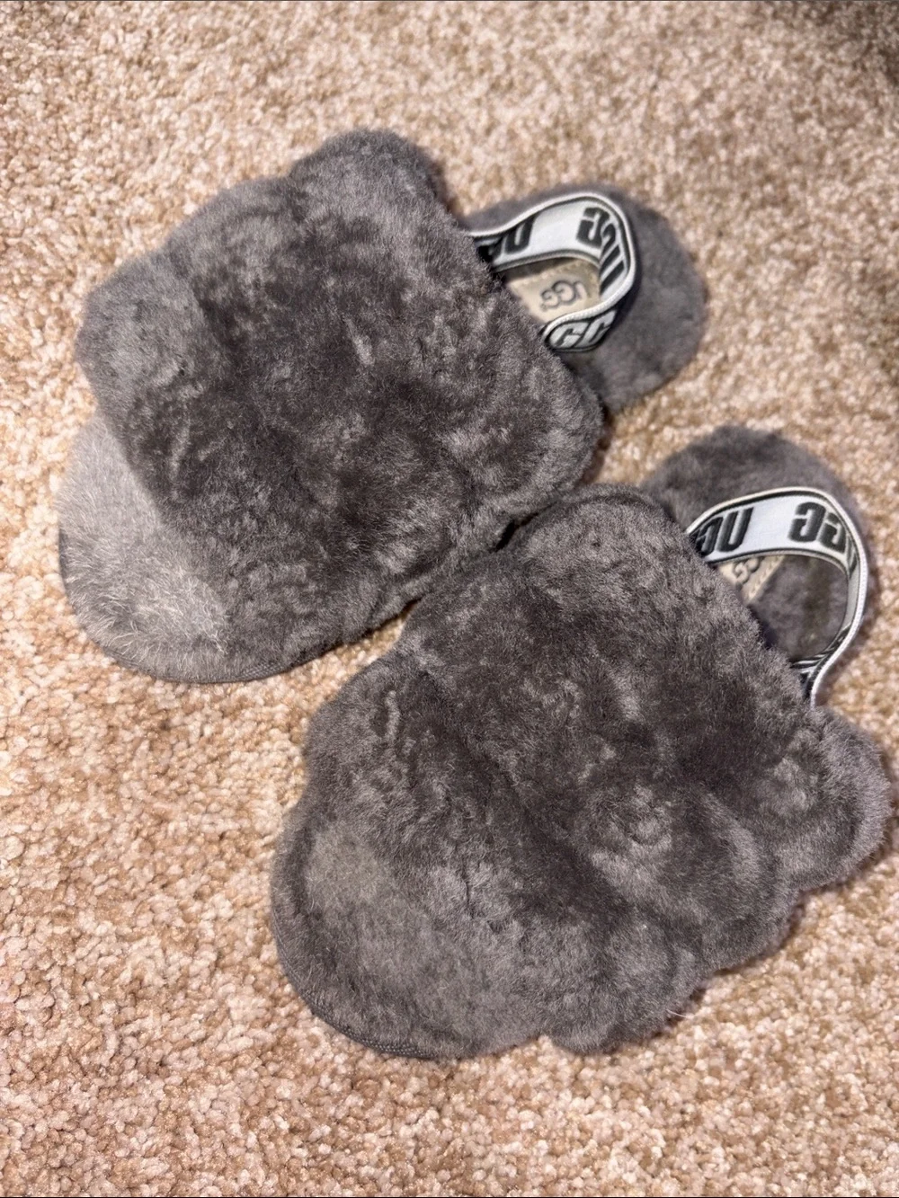 UGG Kids Gray Plush Slide Slippers with Branded Heel Strap